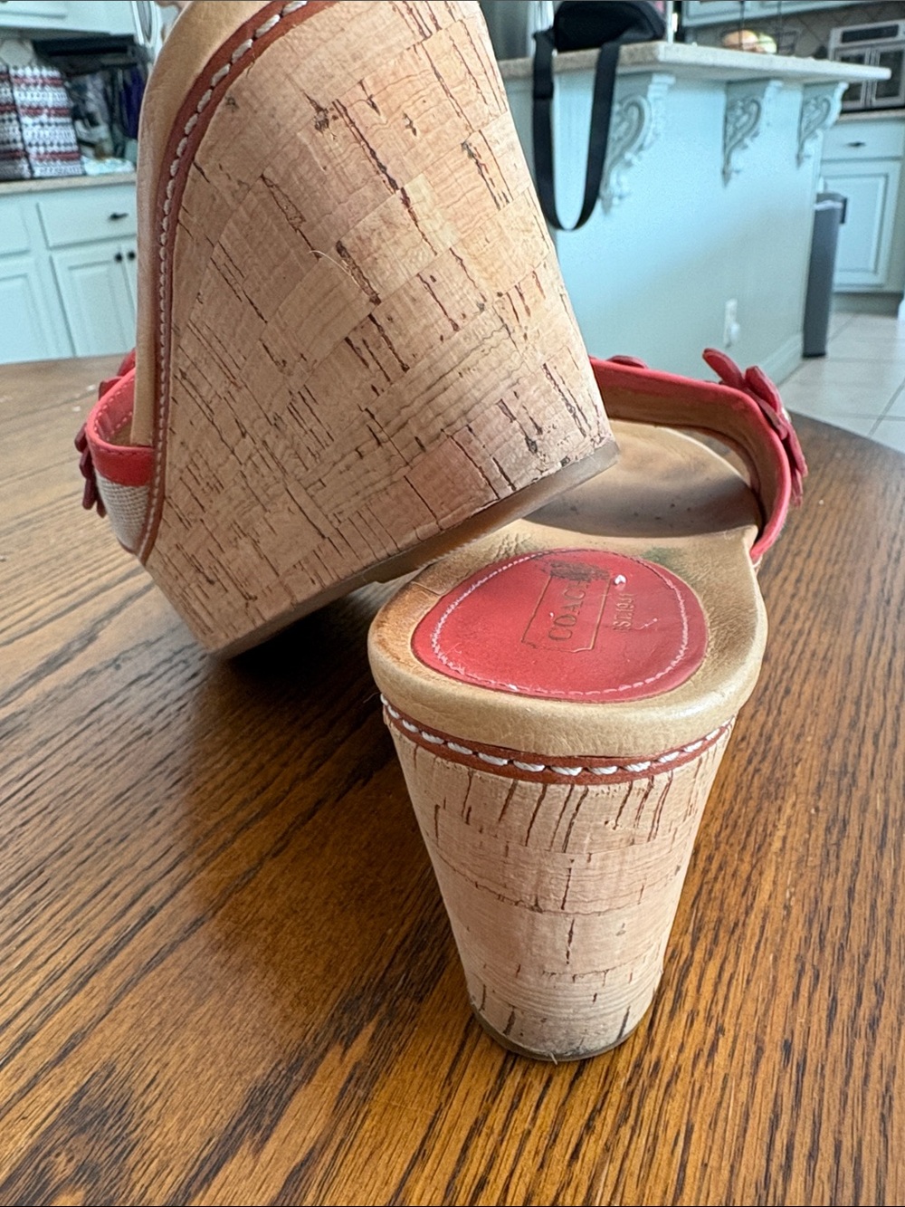 Coach Coral and Cream Cork Platform Wedge Sandals minor wear. - Picture 2 of 4